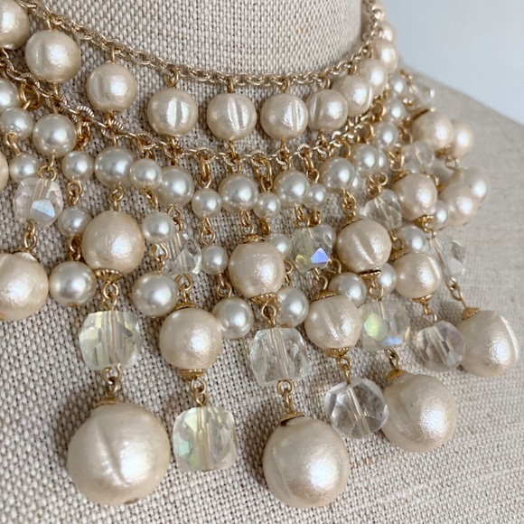 1970s Cotton Pearl Bib Necklace, Vintage Faux Pearl Multi Tier Necklace - Picture 3 of 7